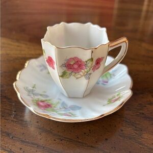 Dainty Vintage Lefton Bone China Floral Teacup and Saucer Set with Gold Trim